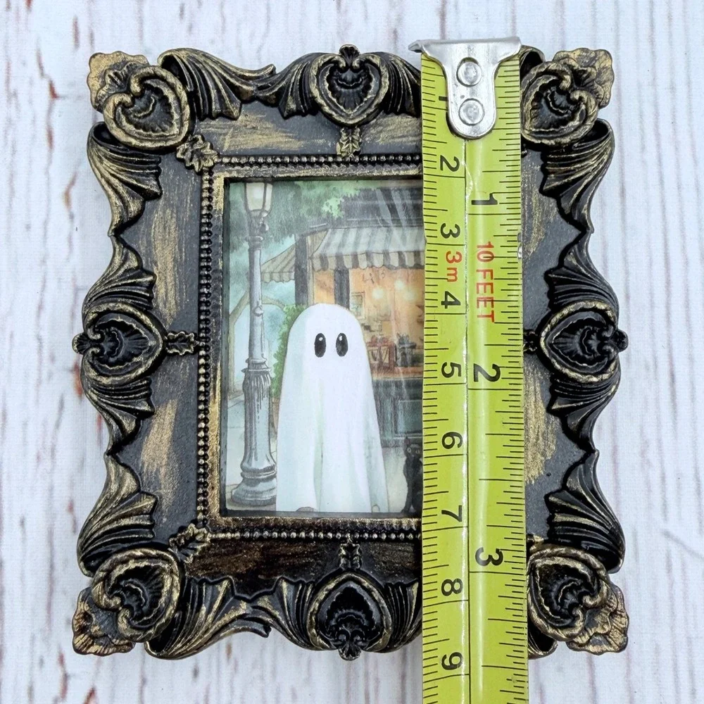 Miniature Ghost and Black Cat Art Print Ornate Gold Baroque Frame 3.5x3.25‎